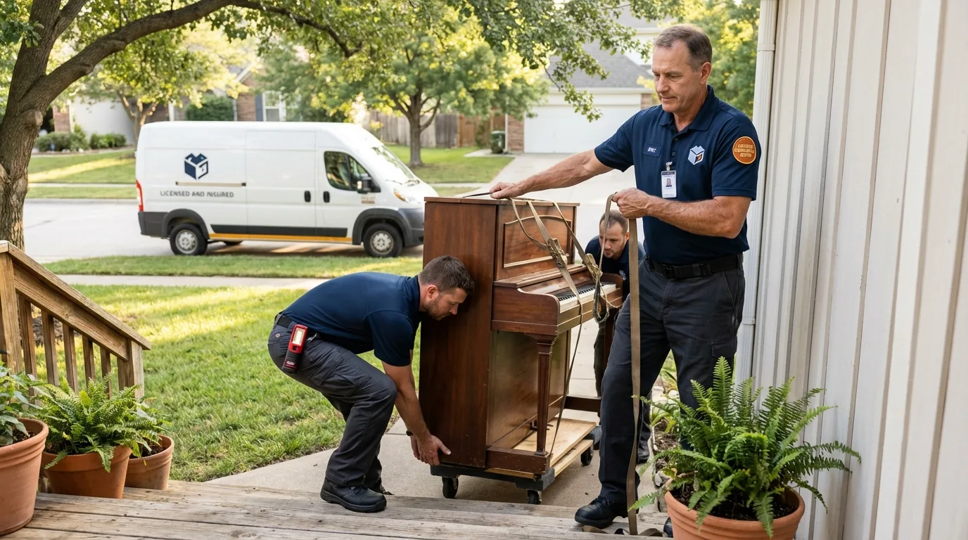 Licensed piano movers securing grand piano in New City, NY