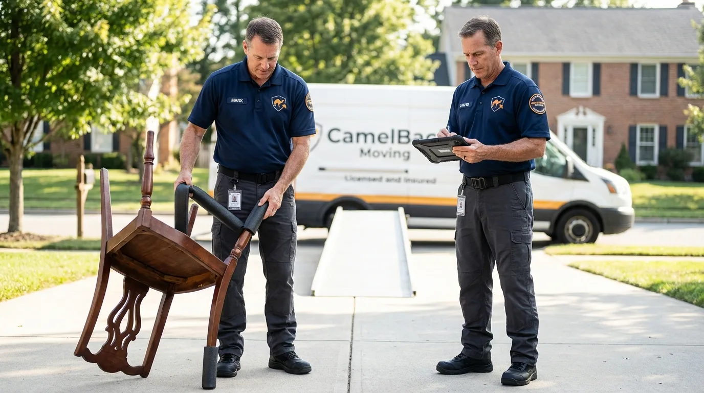 Movers inspecting furniture for damage prevention before loading in New City, NY