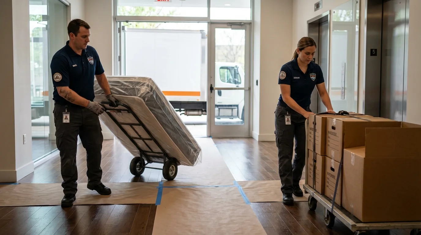 Professional apartment movers loading elevator in New City, NY
