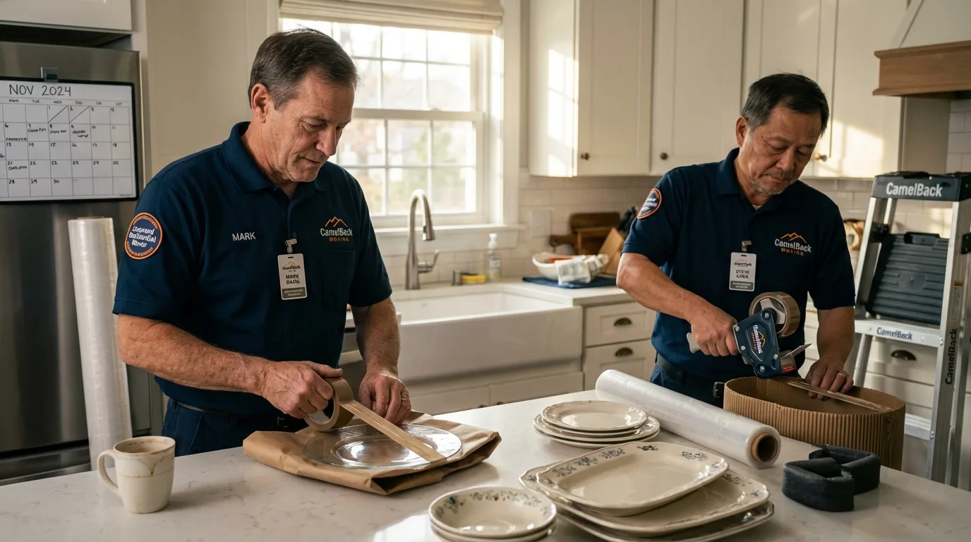Professional crew packing kitchen dishware in New City, NY